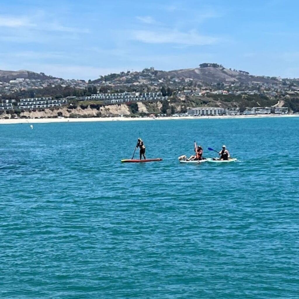 Three people stand-up paddleboarding and kayaking on calm turquoise water, with a coastal town and hills in the distance.