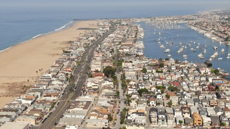 Aerial view of the Orange County coastline and Newport Harbor